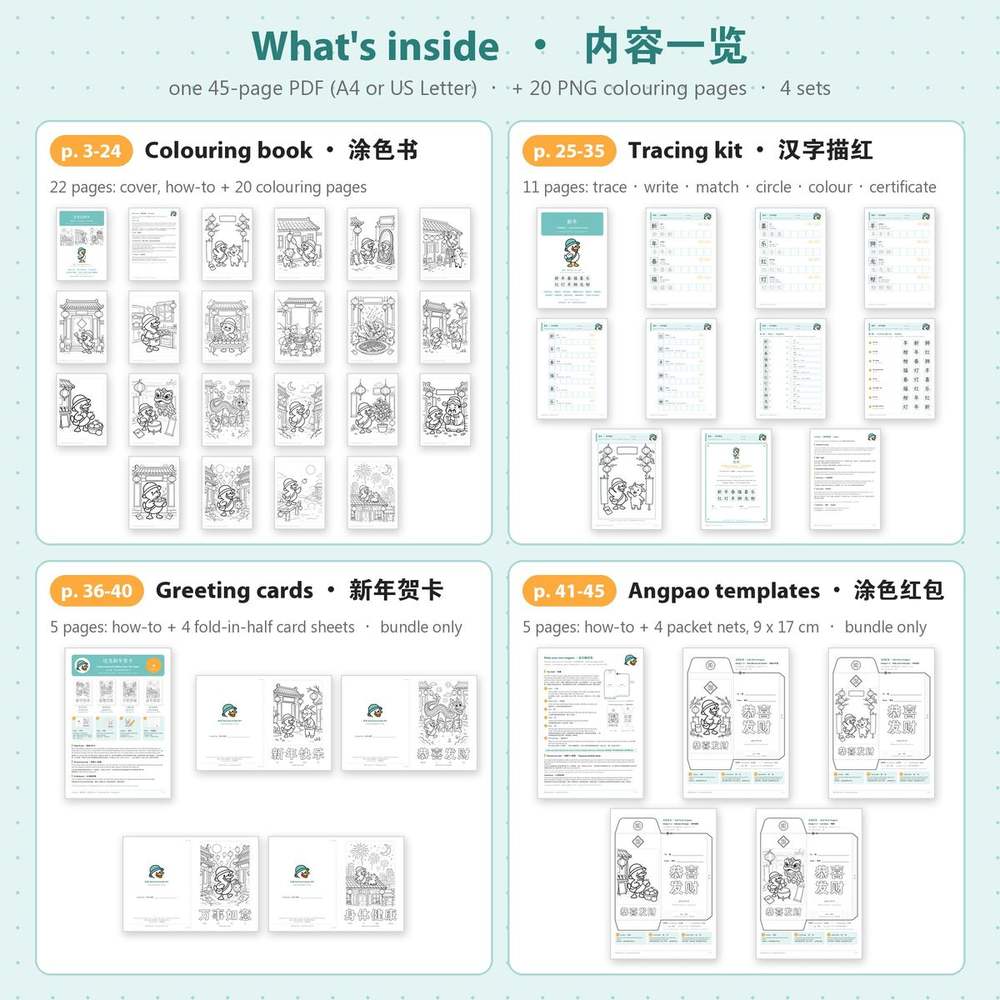What's inside the Chinese New Year Kids Activity Bundle 2027: the colouring book, the tracing kit, greeting cards and angpao templates