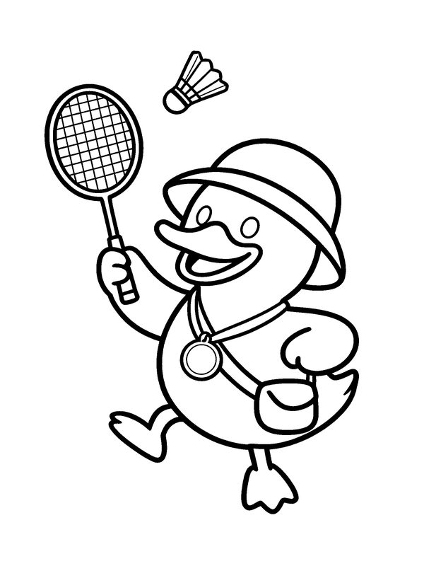 Colouring page: Dak swinging a badminton racket at a shuttlecock, with a medal around his neck