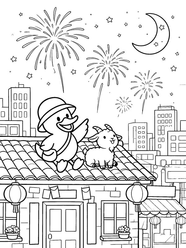 Colouring page: Dak and a little goat on a rooftop under fireworks and a crescent moon