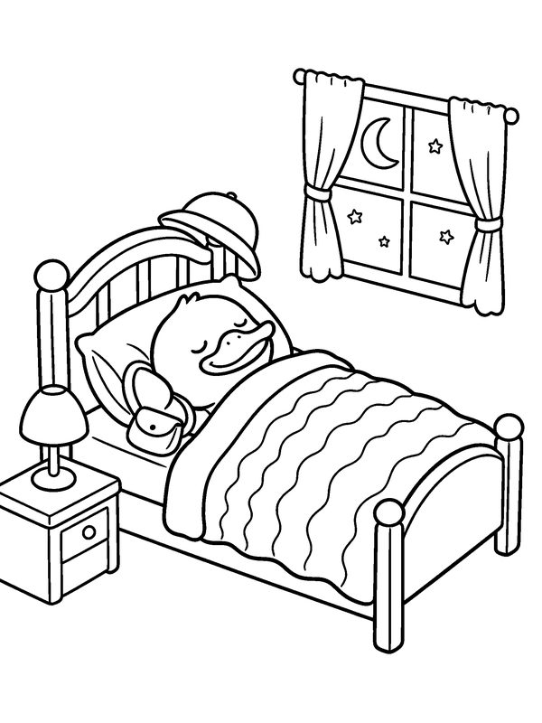 Line drawing of Dak Duck asleep in bed, with the moon and stars at the window