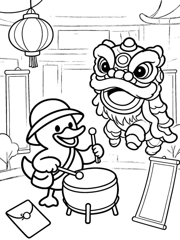 Line drawing of Dak Duck beating a drum next to a lion-dance lion