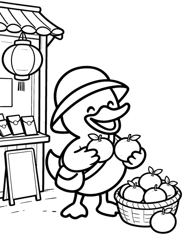 Colouring page: Dak holding mandarin oranges beside a basket full of them