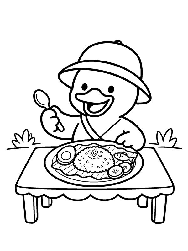 Line drawing of Dak Duck eating a plate of nasi lemak at a table