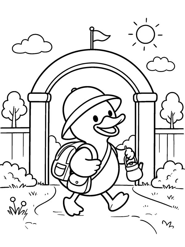 Colouring page: Dak with a school bag walking through a school gate with a little flag on top