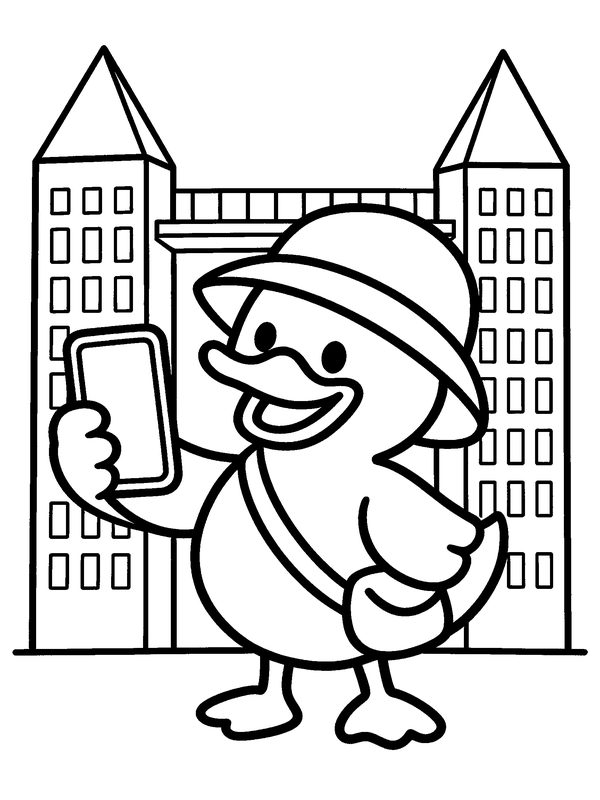Colouring page: Dak holding up a phone to take a selfie in front of two tall towers
