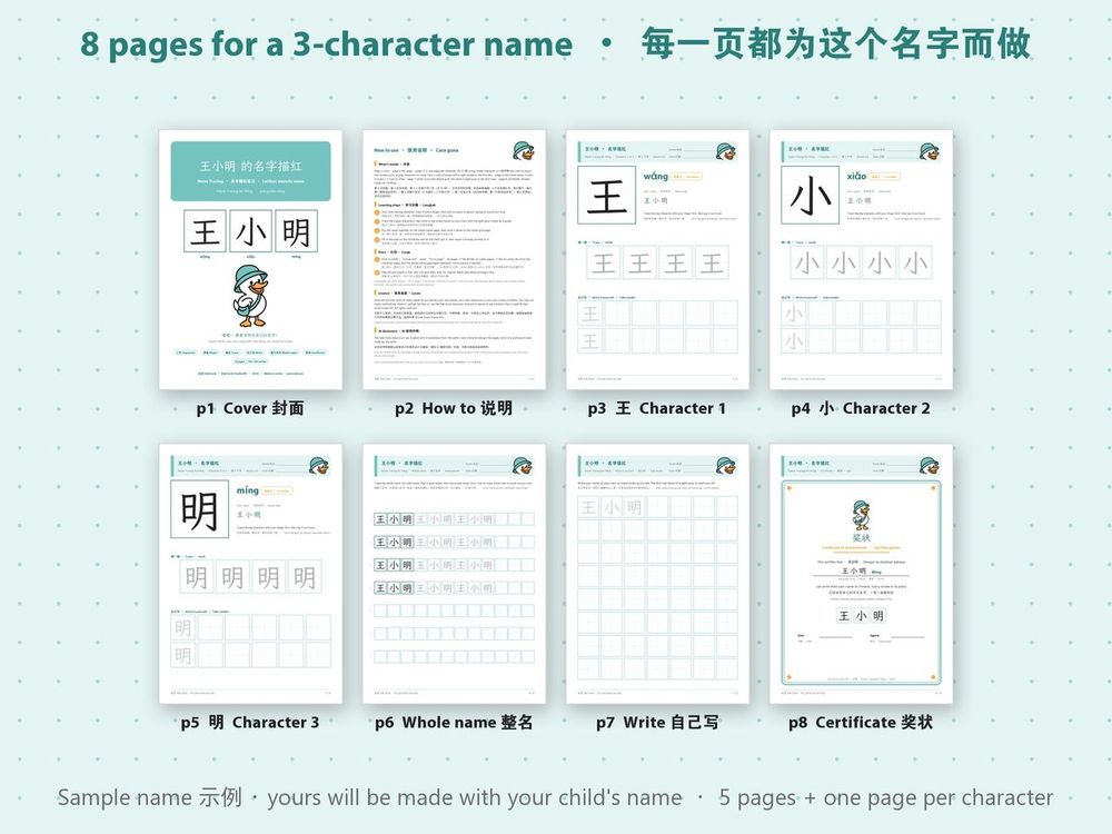 The 8 pages made for a 3-character name, shown with the made-up sample name 王小明
