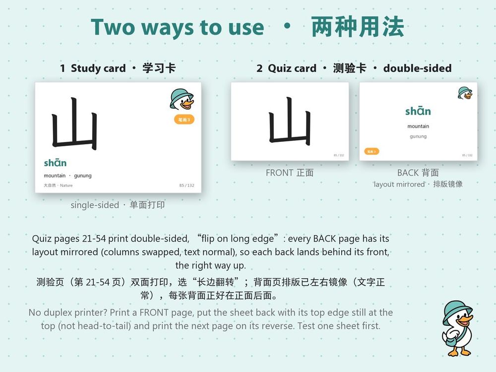 The two kinds of Dak Duck flashcard, shown with 山 shān: a single-sided study card, and a double-sided quiz card with the character on the front and the pinyin and meaning on the back