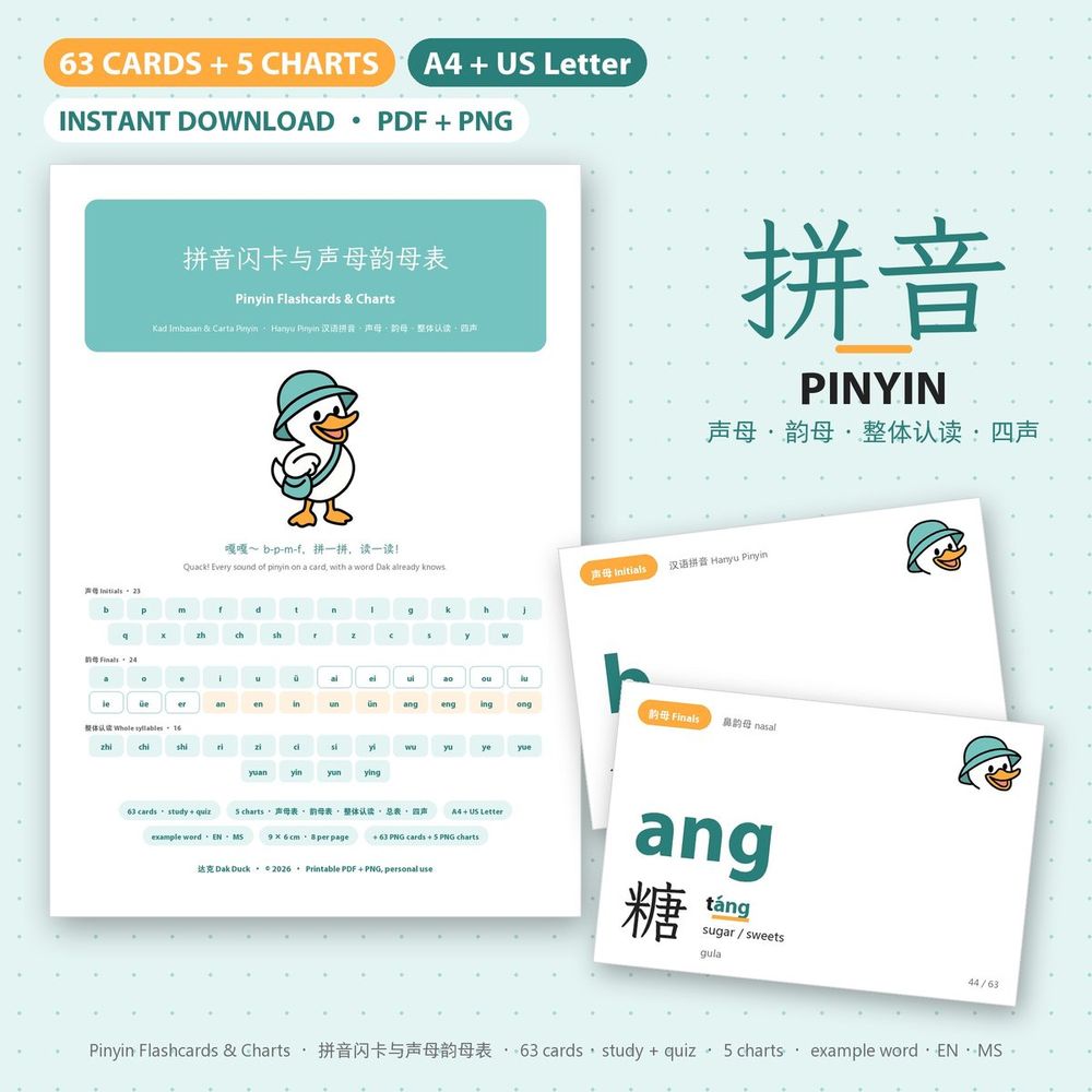 Cover of the Dak Duck Pinyin Flashcards & Charts set (63 cards and 5 charts), with Dak Duck and two sample cards, b and ang